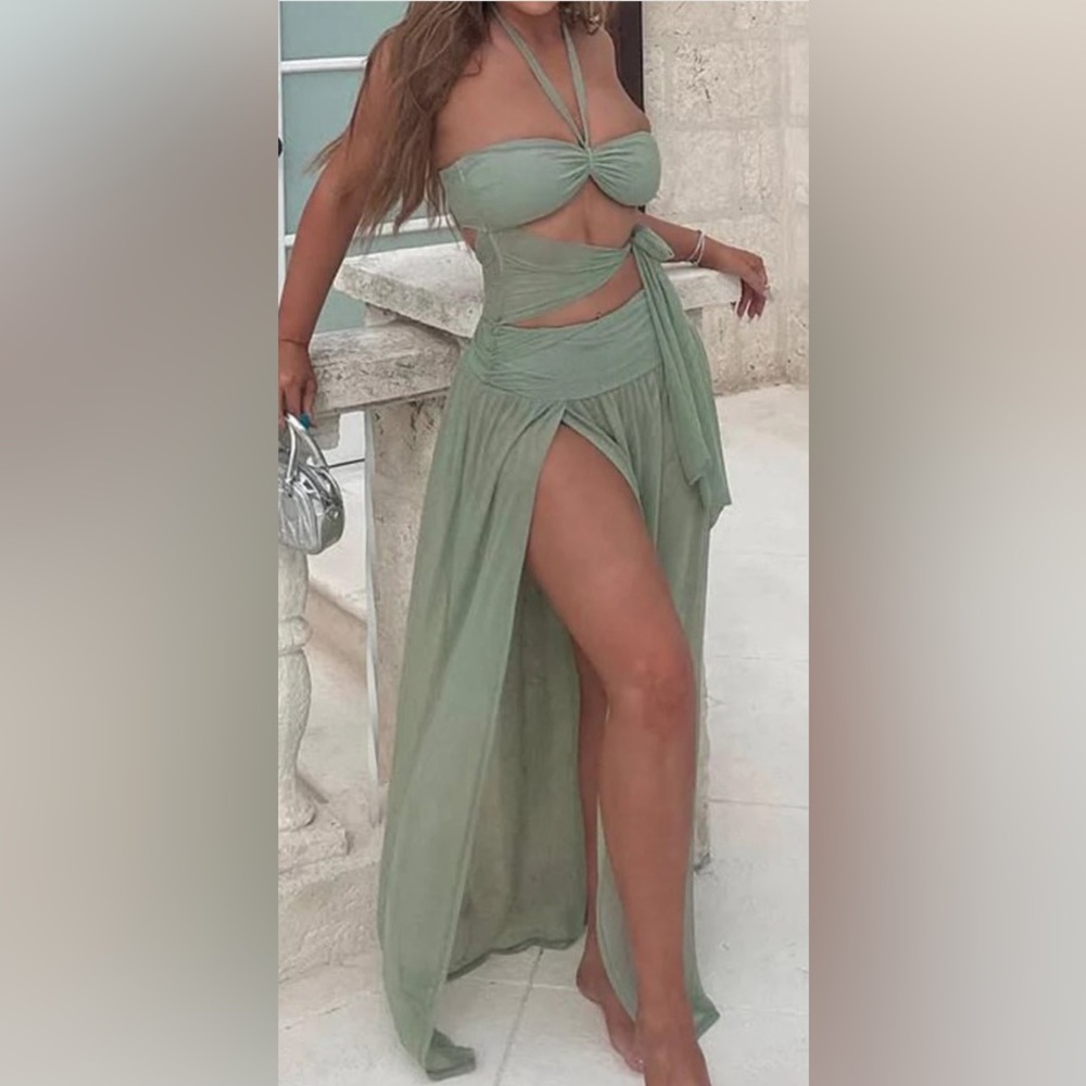 Hot Miami Styles Sage Mesh Halter Cut Out Tie Up Slit Maxi Dress Mykonos